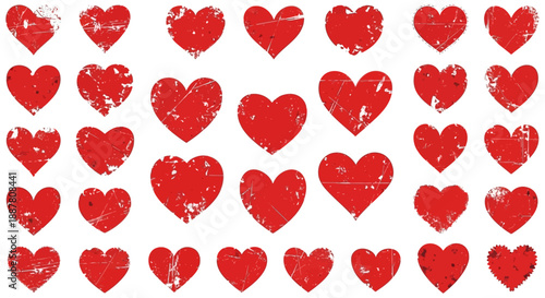Big set of red grunge hearts. Design elements for Valentine's day. Vector illustration heart shapes. Isolated on white background