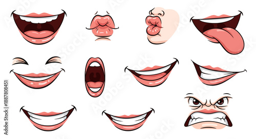 Cartoon mouth expressions set, lips and tongue in various positions. Facial gestures collection with pouting lips smiling sticking isolated vector illustration