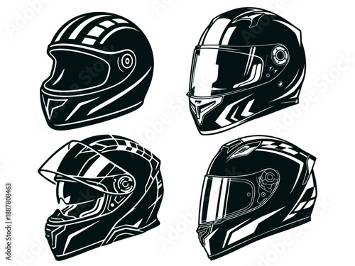Set of four different motorcycle race helmets