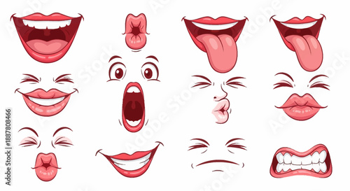Cartoon mouth expressions set, lips and tongue in various positions. Facial gestures collection with pouting lips smiling sticking isolated vector illustration