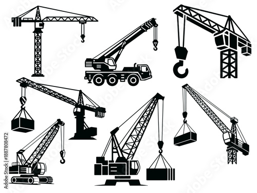 Set of various construction crane black silhouette icons illustrations
