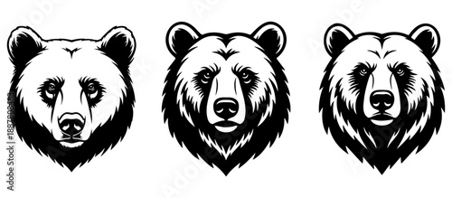 Set of three different bear heads in outline style