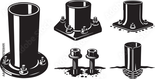 Industrial metal pipe fittings and bolts illustration set