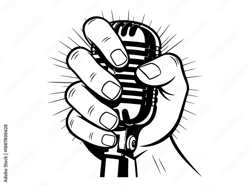 Obraz premium Vintage microphone held by hand in retro woodcut