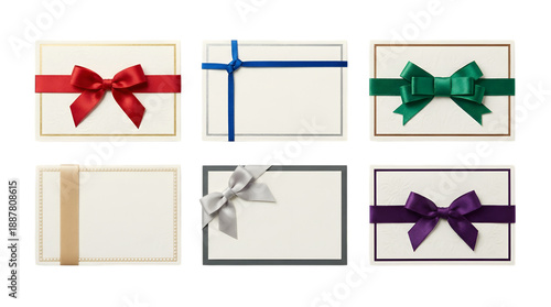 Six blank rectangular gift cards with colorful satin ribbons and bows isolated PNG with Transparent Background