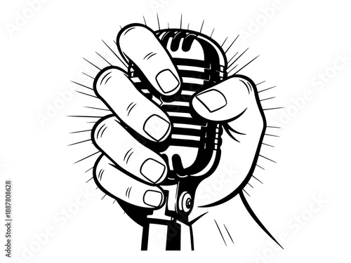 Vintage microphone held by hand in retro woodcut