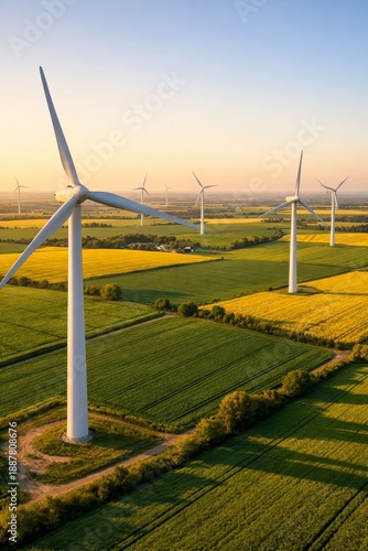 Breathtaking vertical wind turbines in lush green fields. Renewable energy sources power modern world. Eco-friendly landscape promotes sustainability and innovation. Perfect for environmental