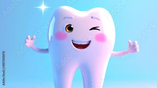 Happy cartoon tooth character with a big smile and rosy cheeks, dental health concept.