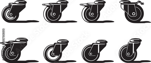 Set of eight black caster wheels in different positions