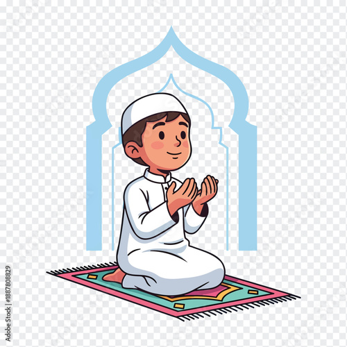 boy in white praying on a colorful mat
