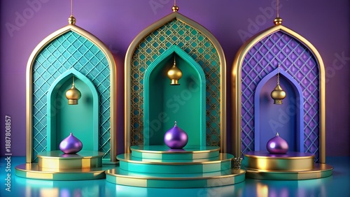 A 3D rendering of an Islamic oriental arch background with geometric patterns and decorative emerald and purple ornaments. A scene of Arabic architecture with a luxurious Ramadan design.