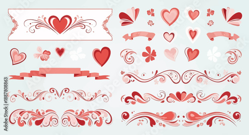 Seamless vector set of red heart shapes and calligraphic design elements for Valentine holiday celebration patterns and romantic wedding card decorations