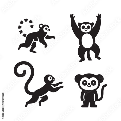 Playful Ring Tailed Lemur Vector Silhouettes Featuring Different Madagascar Primate Animal Poses.