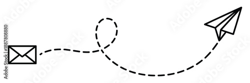 Envelope illustration, black and white outline drawing of mail envelope with paper airplane flying on dotted path, message sending communication concept, isolated on white background.