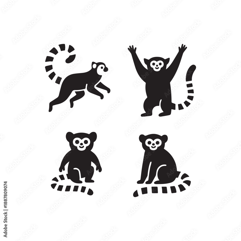 Fototapeta premium Playful Ring Tailed Lemur Vector Silhouettes Featuring Different Madagascar Primate Animal Poses.