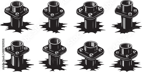 Industrial Pipe Fittings and Connectors in Black and White