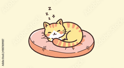 Cute cartoon orange tabby cat sleeping soundly on a pink cushion illustration