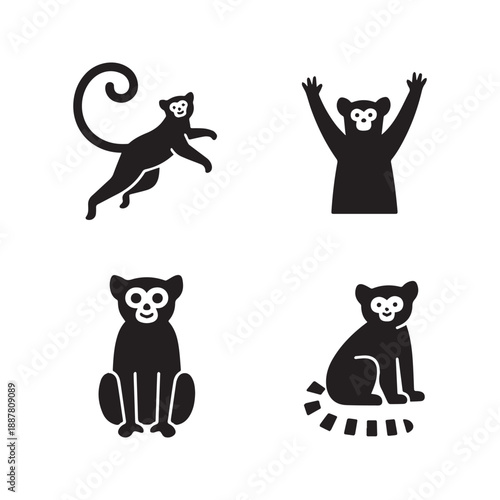 Playful Ring Tailed Lemur Vector Silhouettes Featuring Different Madagascar Primate Animal Poses.