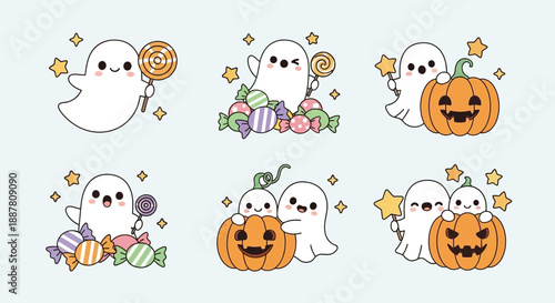 Cute Halloween ghosts and pumpkins with lollipops and candy for happy holiday vector art