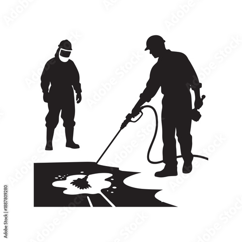  Professional Industrial Specialized Cleaning Service Workers and Hazardous Material Remediation Vector Silhouettes. 