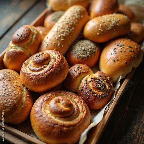 Assortment of fresh baked breads and rolls with seeds on top are in a wooden tray. Various shapes of savory and sweet pastries ready for breakfast, lunch, or snack time.