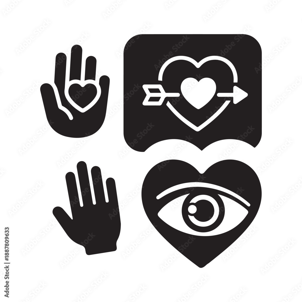 Obraz premium Romantic Love Icons Featuring Hearts With Arrows Hands And Eye Vector Silhouettes. 