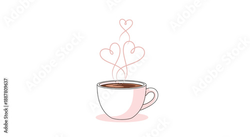 A simple drawing of a steaming coffee cup with heart-shaped vapor rising above it on a white background.