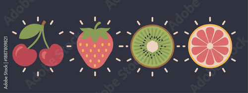 Fruit row illustration, bright decorative cherries strawberry kiwi grapefruit composition, bold contrast on dark blue background, natural vitamin rich food concept, clean vector style artwork.
