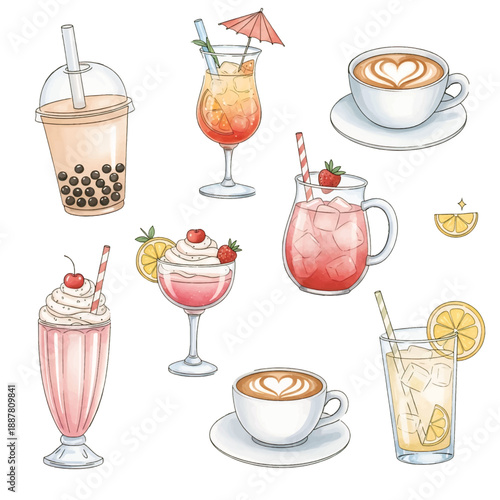 Food and drink set with coffee tea cocktails and desserts illustration icons