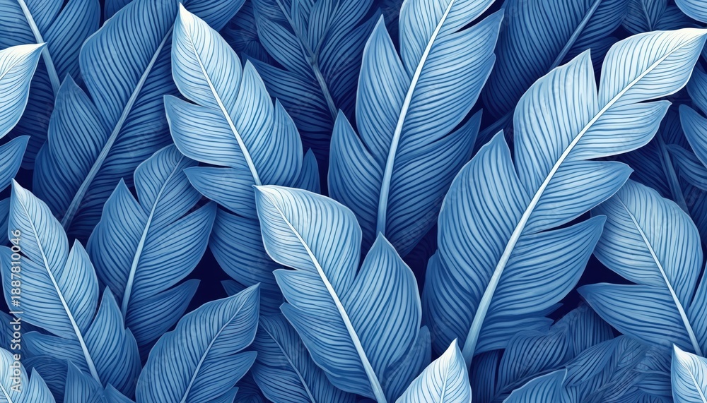 Fototapeta premium Blue banana leaves pattern fills frame. Detailed illustration of tropical foliage, botanical design, plant leaf texture. Seamless background, artistic nature graphic.
