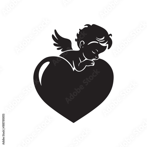 Cute Baby Cupid Silhouette Sleeping Peacefully on a Large Heart for Romantic Valentine Day Designs
