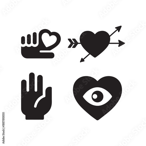 Romantic Love Icons Featuring Hearts With Arrows Hands And Eye Vector Silhouettes. 