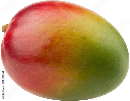 A whole fresh mango featuring red, yellow, and green skin tones, isolated on transparent background