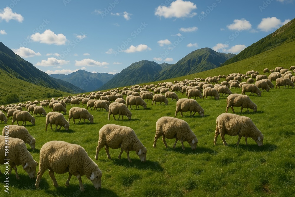 Obraz premium Beautiful flock of sheep grazing in lush green valley. Stunning landscape showcases nature's serenity. Perfect image for farming, agriculture, and rural life themes.