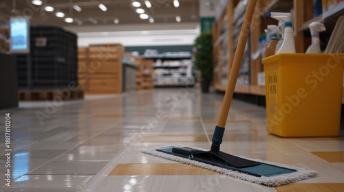 Clean and Organized Store Aisle with Mop and Cleaning Supplies in Display