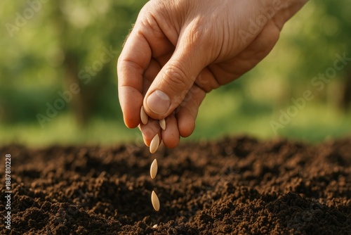 Hand sowing seeds into rich soil. Close-up view of planting process in garden. Agricultural activity promotes growth and sustainability. Ideal image for gardening or farming concepts.