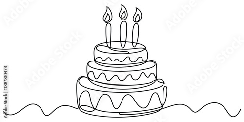 Birthday cake illustration, continuous one line drawing style showing large three layer cake with candle on top, black linear sketch icon, minimalist holiday celebration design, isolated background.