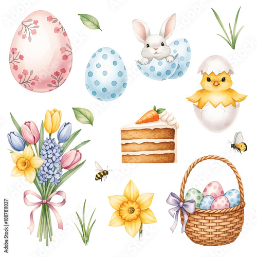 Easter eggs and flowers with cute bunny in spring illustration