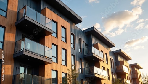 Contemporary multifamily building facade with wood and dark siding. Many windows and glass balconies on residential structure. Modern architecture in urban area.