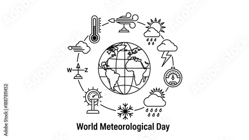 Weather forecast icons around globe illustration.