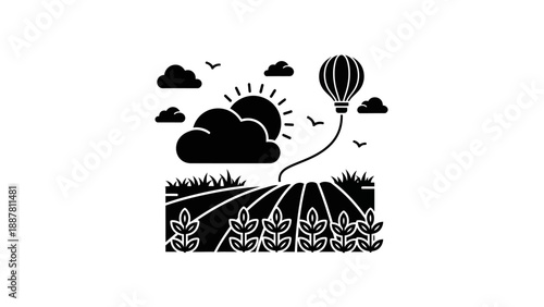 Hot air balloon flying over field.