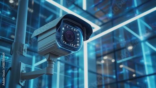 Modern CCTV Security Camera with Blue Light Monitoring City Environment and Futuristic Buildings