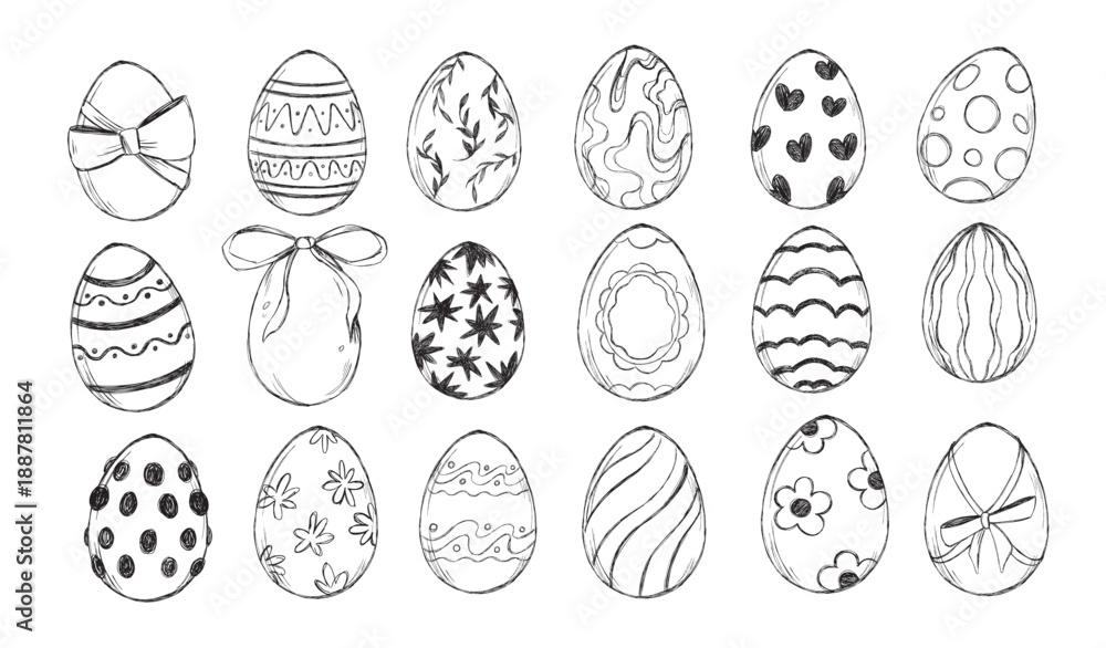 Foto set a various decorated Easter eggs doodle style