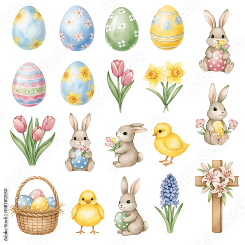 Easter Bunny with Eggs in Spring Garden Cartoon Illustration