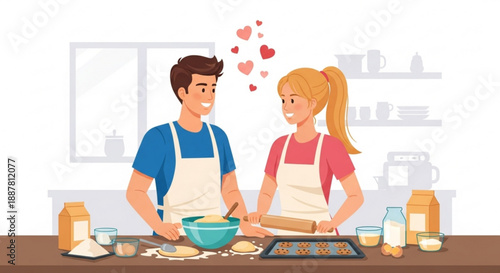 Couple baking together in kitchen with love hearts