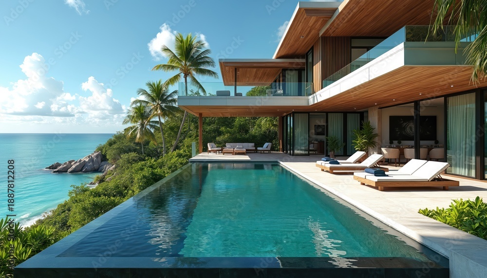 Naklejka premium Modern beachside villa with infinity pool and ocean view. Tropical luxury home features spacious deck, palm trees, lush green surroundings. Perfect vacation retreat.