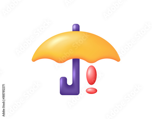 Insurance concept, protection from danger and risk. Illustration of an umbrella with a warning sign. Risk management. alert for a safety related issue. Personal safety. Element, symbol, icon, 3D