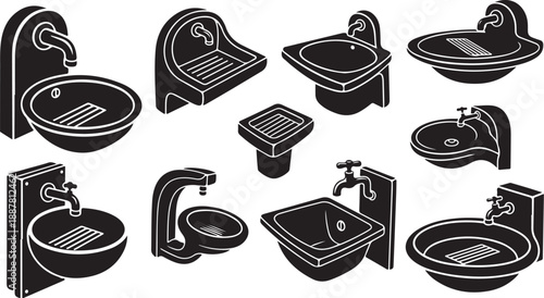 Various bathroom sinks and faucets in black and white