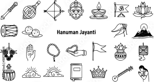 Hanuman Jayanti Line Art Icons: Deity, Symbols, and Worship Elements