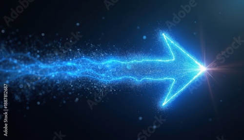 Abstract blue arrow made of light particles moves forward on dark background. Symbolizes speed progress innovation direction and movement with energetic glow and motion.